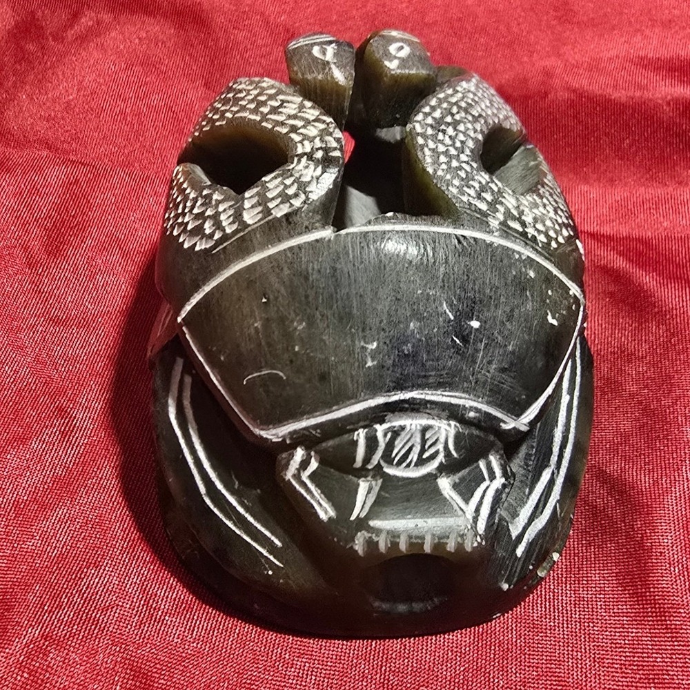 Vtg Hand Carved Soap Stone Egyptian Scarab Beetle Figurine with Snakes & Symbols
